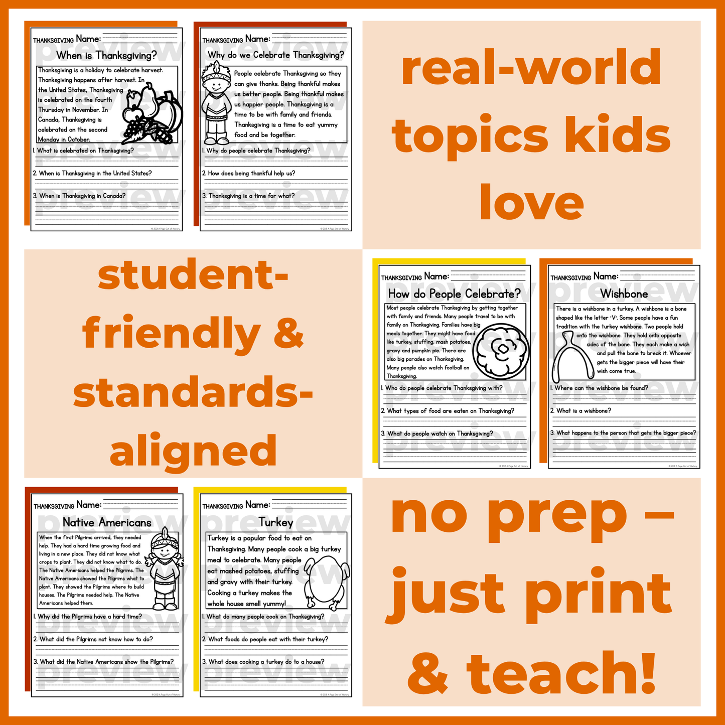 Thanksgiving Holiday Reading Comprehension Passages + Questions