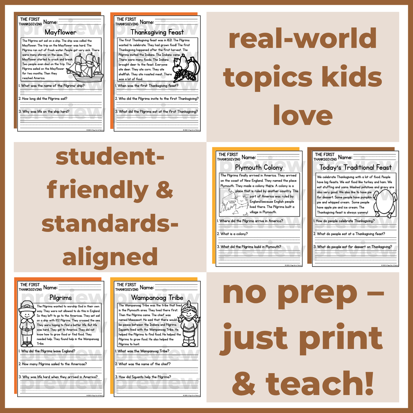 Thanksgiving History Reading Comprehension Passages + Questions