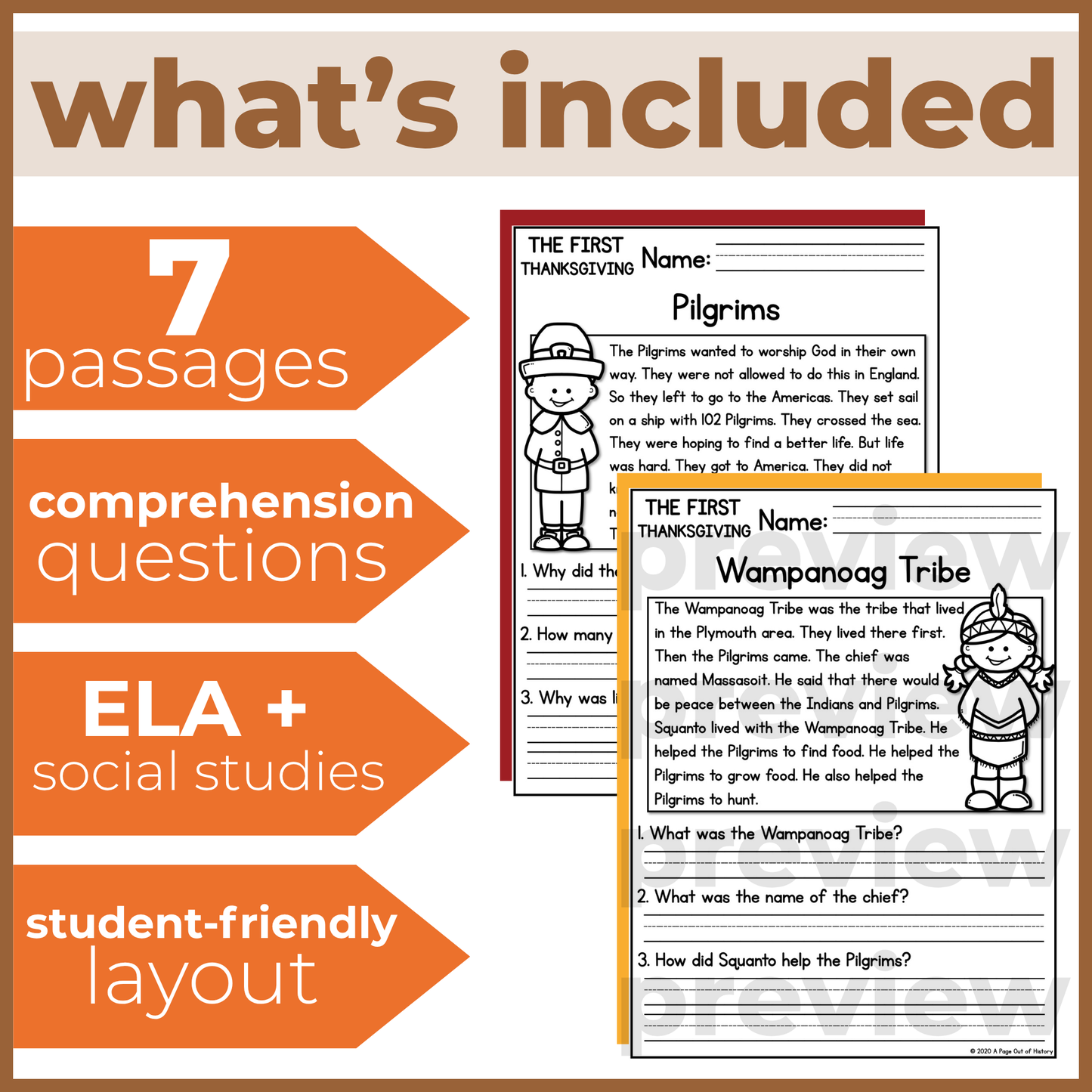 Thanksgiving History Reading Comprehension Passages + Questions