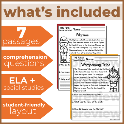Thanksgiving History Reading Comprehension Passages + Questions