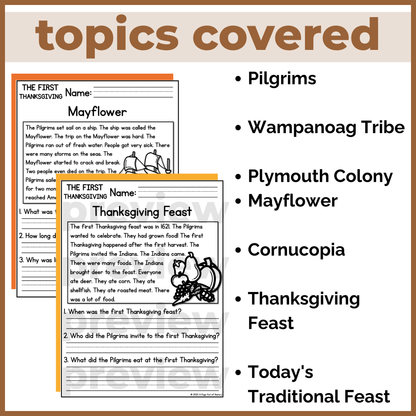 Thanksgiving History Reading Comprehension Passages + Questions