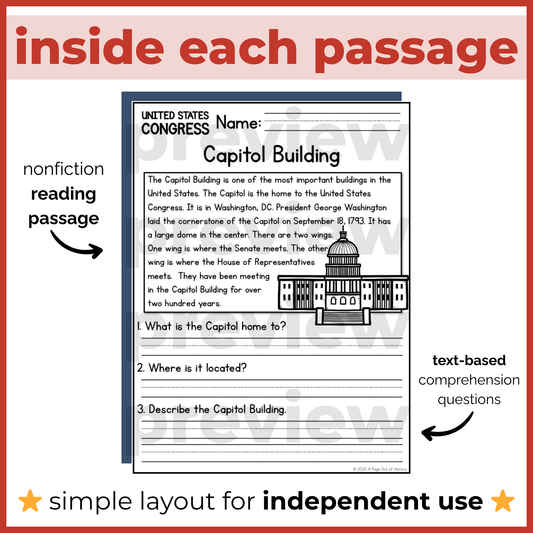 US Congress Reading Comprehension Passages + Questions