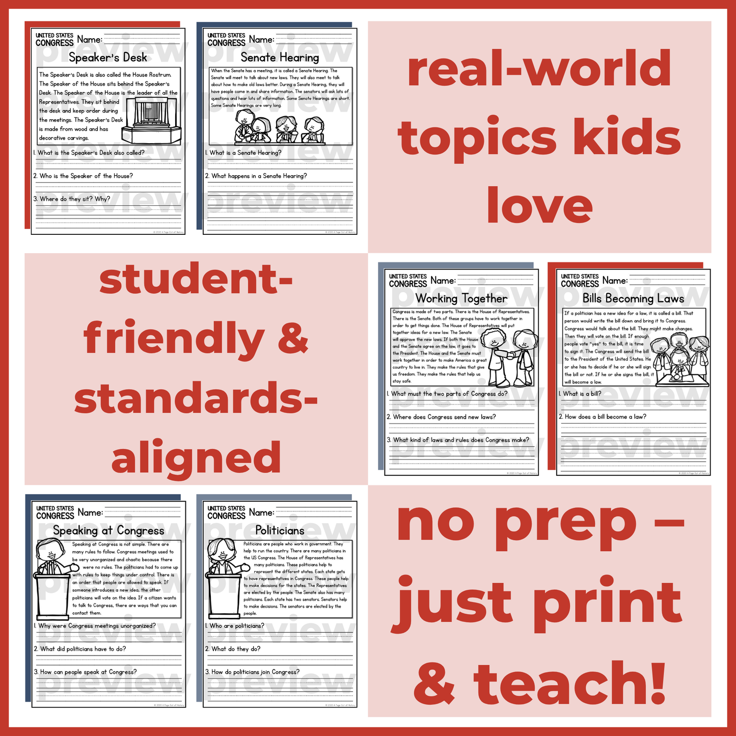 US Congress Reading Comprehension Passages + Questions