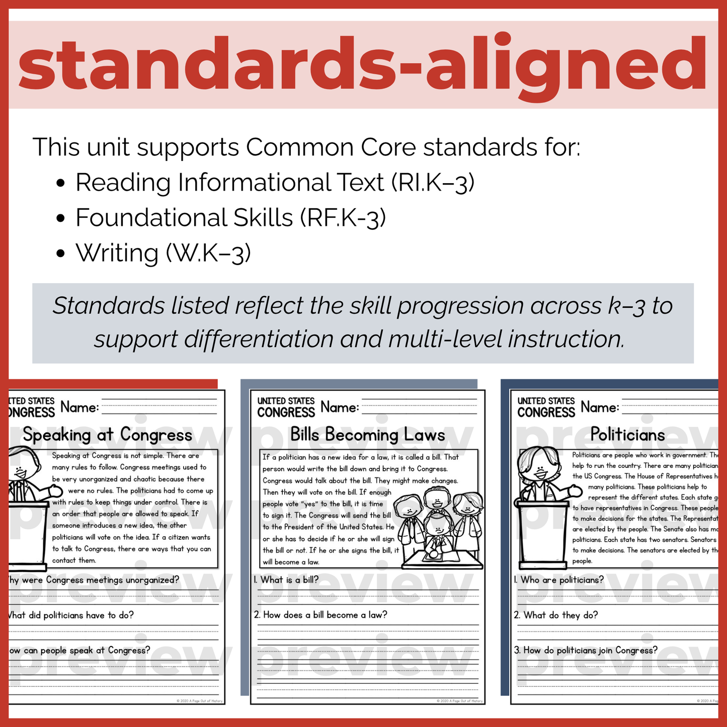 US Congress Reading Comprehension Passages + Questions