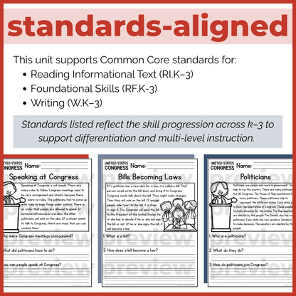 US Congress Reading Comprehension Passages + Questions