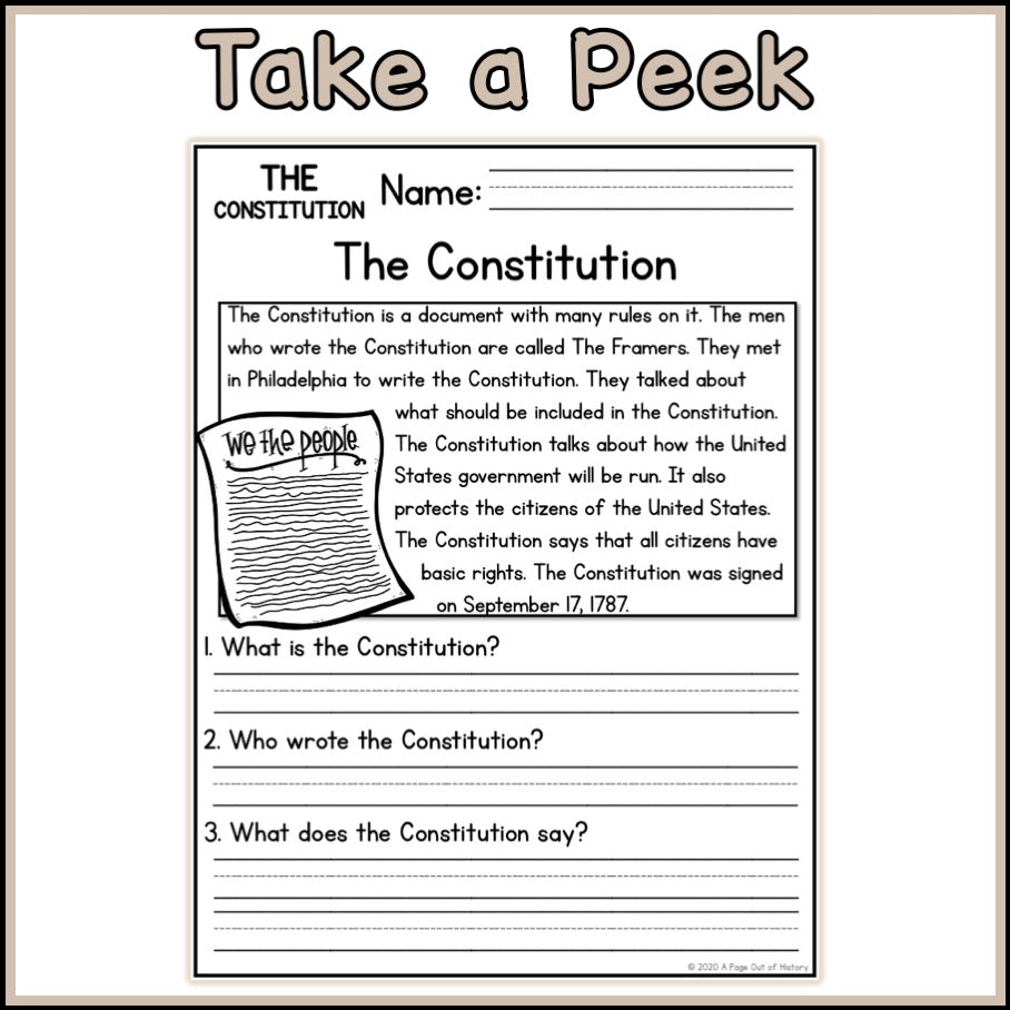 US Constitution Reading Comprehension Passages + Questions