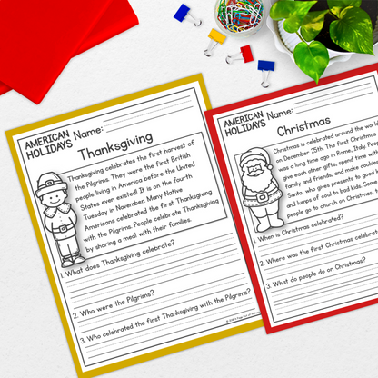 American US Holidays Reading Comprehension Passages + Questions