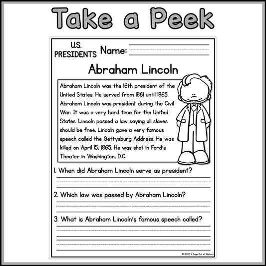 US Presidents Reading Comprehension Passages + Questions