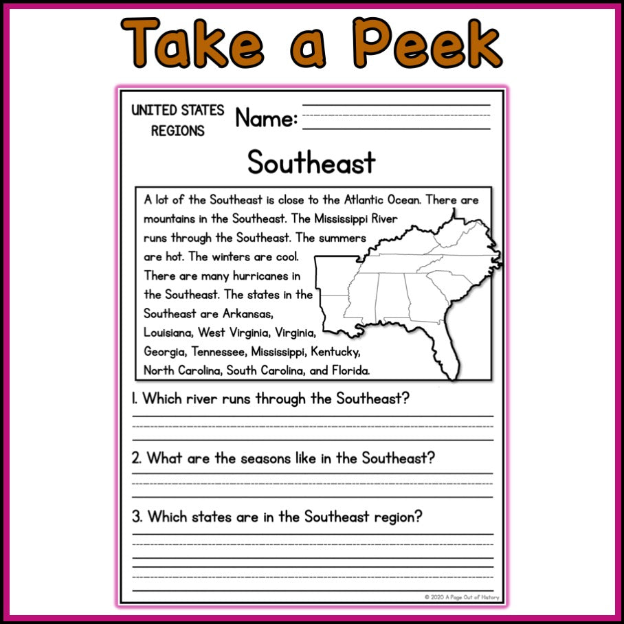 US Regions Reading Comprehension Passages + Questions