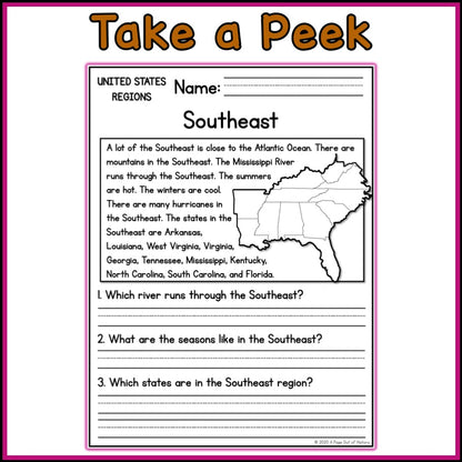 US Regions Reading Comprehension Passages + Questions