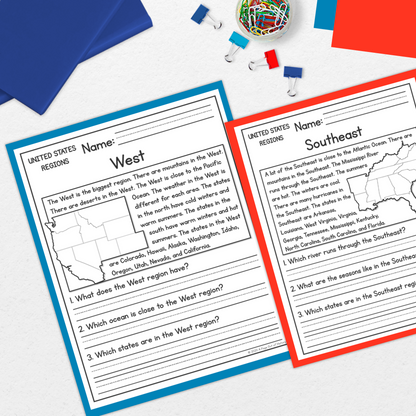 US Regions Reading Comprehension Passages + Questions