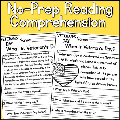 Veterans Day Reading Comprehension Passages + Questions