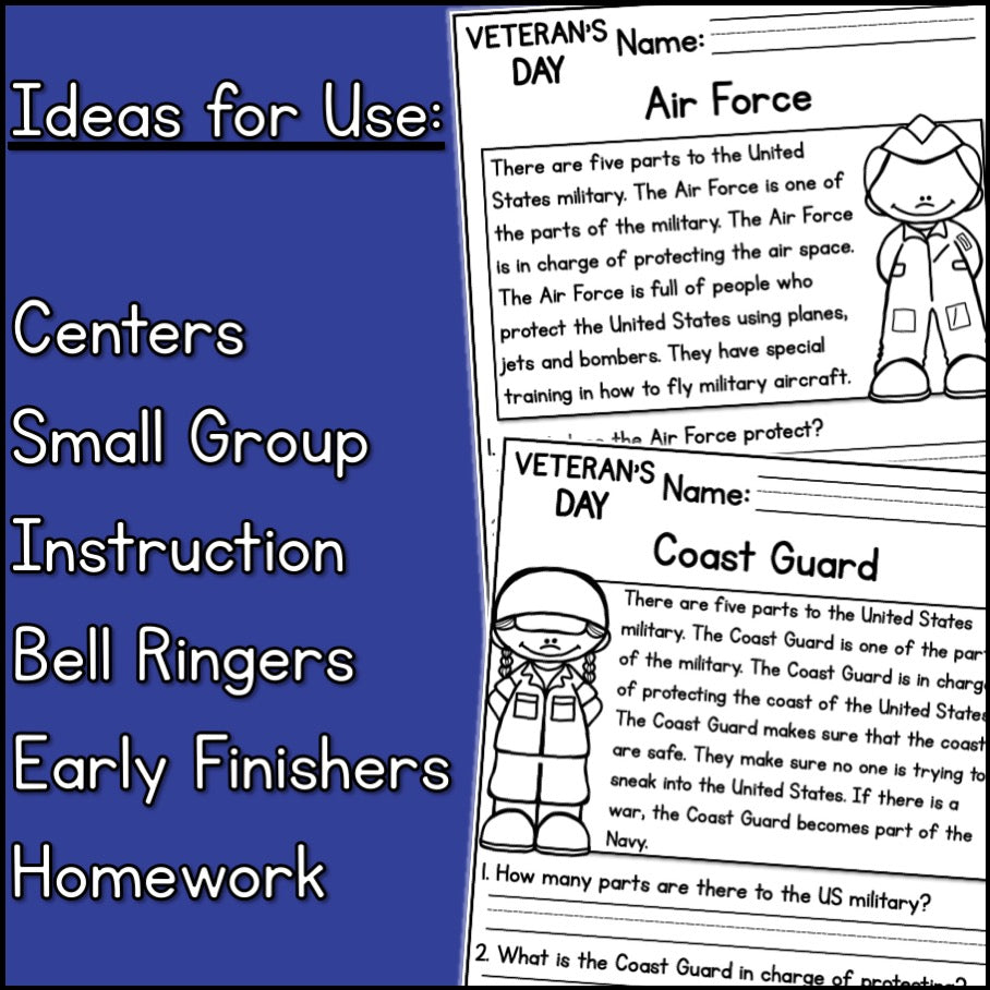 Veterans Day Reading Comprehension Passages + Questions