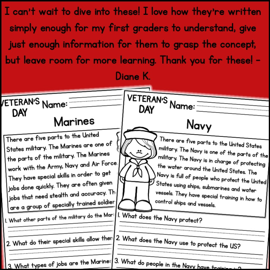 Veterans Day Reading Comprehension Passages + Questions