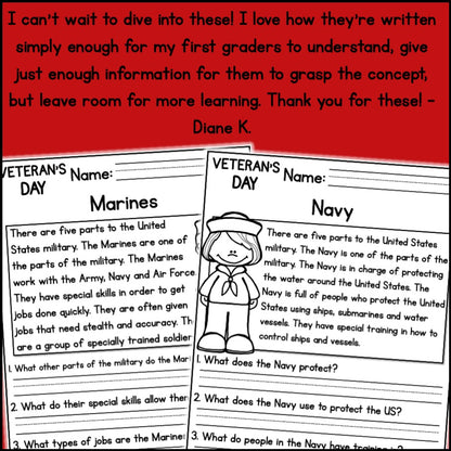 Veterans Day Reading Comprehension Passages + Questions