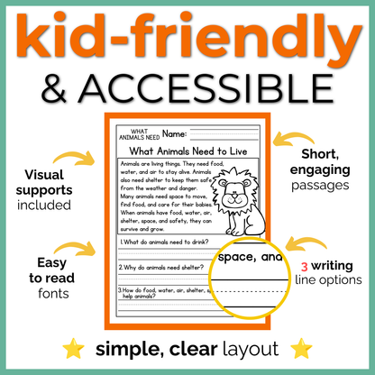 What Animals Need Reading Comprehension Passages + Questions
