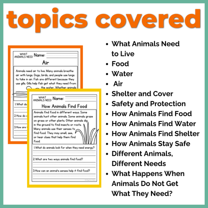 What Animals Need Reading Comprehension Passages + Questions