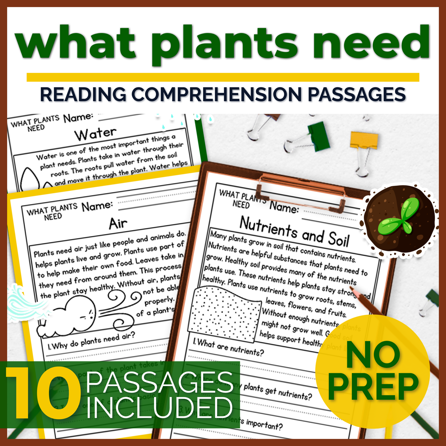What Plants Need Reading Comprehension Passages + Questions
