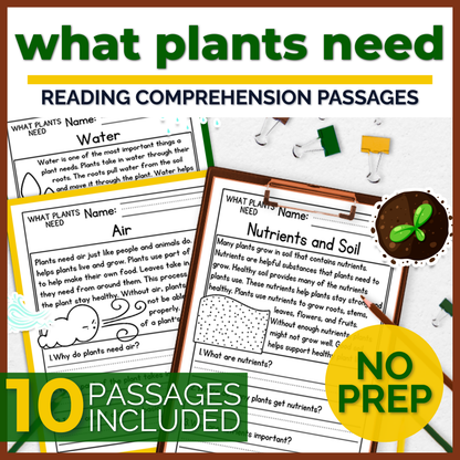 What Plants Need Reading Comprehension Passages + Questions