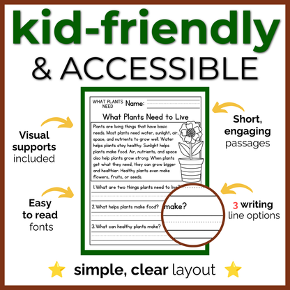 What Plants Need Reading Comprehension Passages + Questions