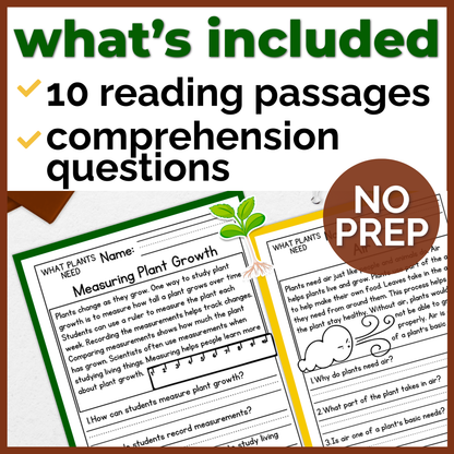 What Plants Need Reading Comprehension Passages + Questions