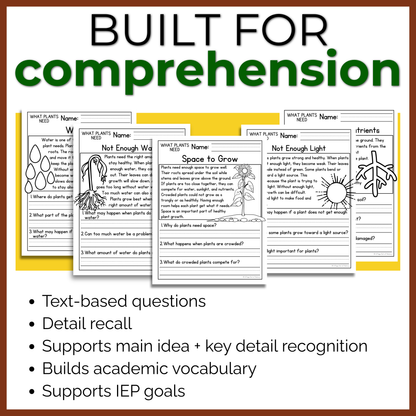 What Plants Need Reading Comprehension Passages + Questions