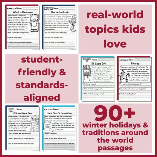 Winter Holidays Around the World Reading Comprehension Passages + Questions
