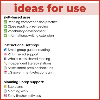 US Congress Reading Comprehension Passages + Questions